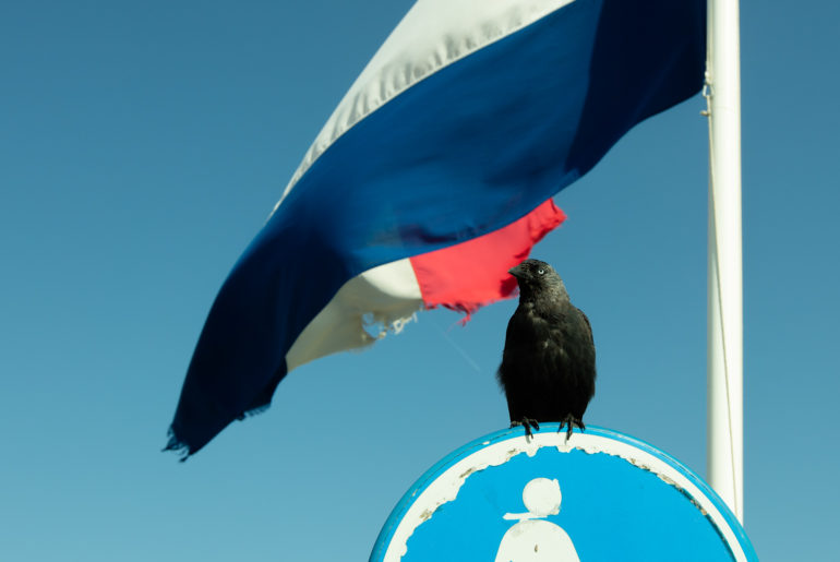 Sogar die Niederländische Flagge ist hinüber. Die kleinen, frechen Dohlen gehören übrigens ebenso zu Zandvoort wie der allgegenwärtige Backfischdunst.